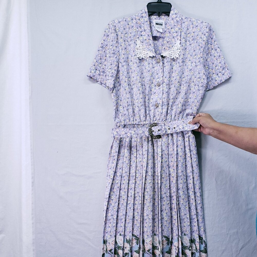Vintage Leslie Fay Floral Pleated Dress 10P Belted Short Sleeve Collar Lace